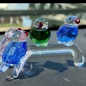 Colorful Faceted Glass  Birds on Branch Figurine Green Pink Blue